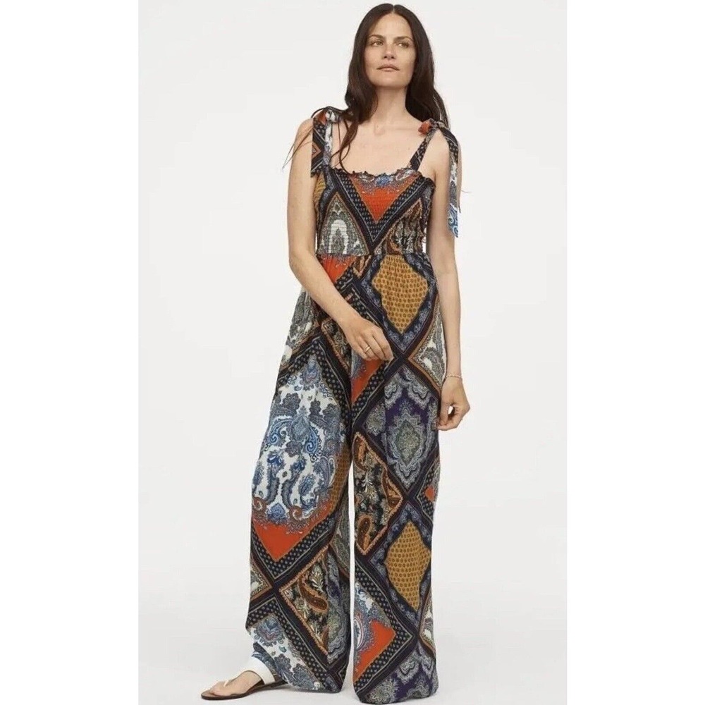 H&M Womens Jumpsuit Wide-Leg Damask Print Tie Shoulder Strap Smocked Bodice 10